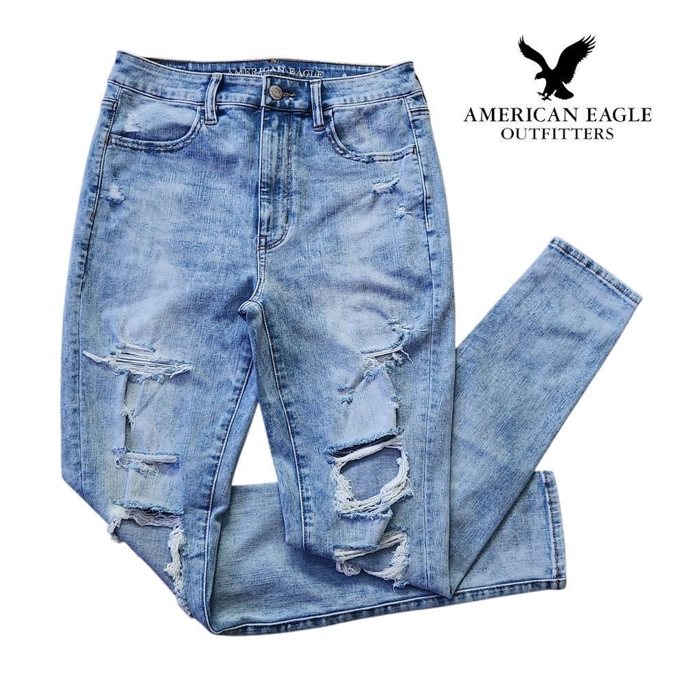 American Eagle Women's Hi-Rise Jeans Denim Blue Skinny Distressed Size 6 Small - Picture 2 of 16